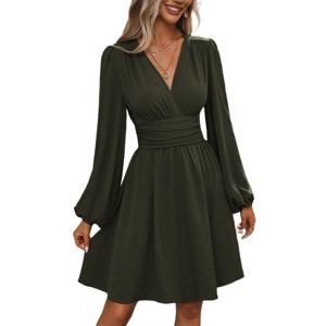 Coolmee Womens Mini Dress V Neck Long Sleeve Tie Waist Smocked Dress Ruffle Flowy Short Wrap Dresses for Cocktail Wedding Guest - 1 of 4