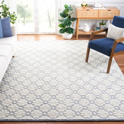 Ivory and Blue Hand-Knotted Wool 8' x 10' Area Rug