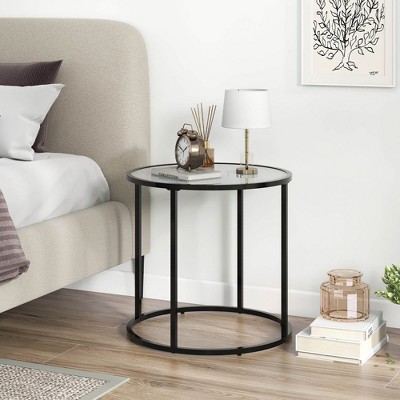 20" Round Black Metal Frame Side Table with Faux Marble Glass Top