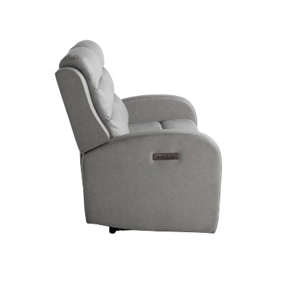 Gray Faux Leather Channel Tufted Reclining Loveseat with Acacia Wood