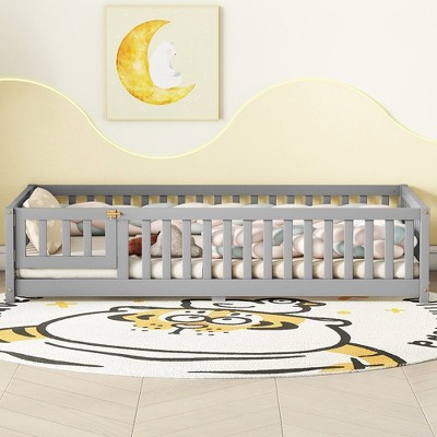 LOVMOR Twin Size Bed Floor Bed with Safety Guardrails and Door for Kids