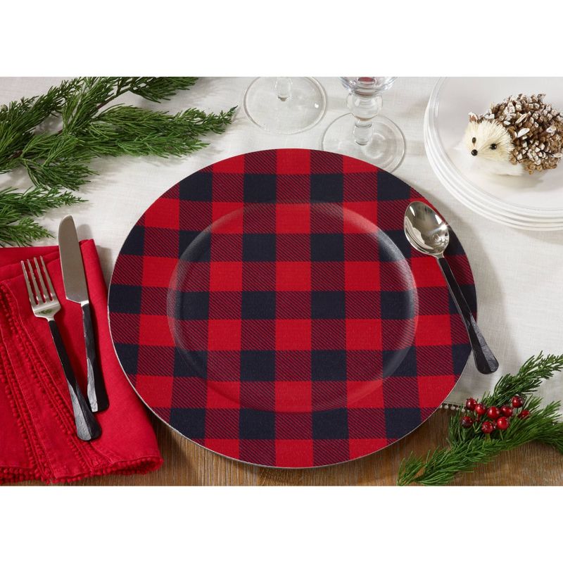 Set of 4 Buffalo Plaid Design Table Chargers Red/Black - Saro Lifestyle, 3 of 4