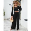 Women Co-ords 2 Piece Sets Fashion Textured Lounge Sets Long Sleeve V Neck Crop Top Wide Leg Palazzo Pants Casual Trousers Sets - 3 of 4