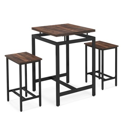 Tangkula 3 Pieces Bar Table Set Square Counter Height Table with Stools Floating Tabletop & Footrest Industrial Pub Table Set for Small Space