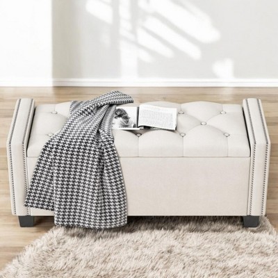 Alilang 47.40 inches Upholstered Storage Bench with Tufted Cushion and Nailhead Trim-Beige