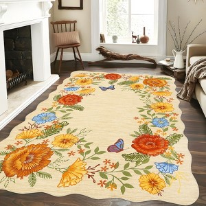 Modern Floral Rug Washable Rug with Non Slip Backing, Low Pile Thin Rug, Indoor Foldable Rug, Soft Aesthetic Printed Rug for Living Room, Bedroom - 1 of 4