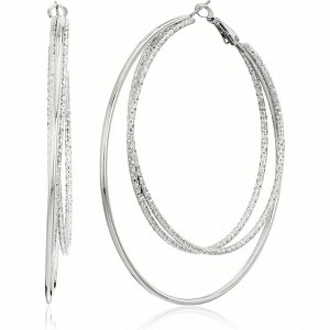 Fashionable Silver Hoop Earrings with a textured wire design. Crafted with low-allergy materials for comfortable wear by women. - 1 of 2