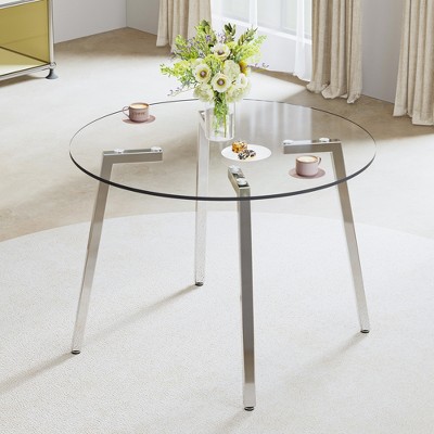 DOMETOUR Modern Minimalist Round Tempered Glass Table with Silver Metal Legs, 42x42x29.5, for Kitchen, Dining, Living Room