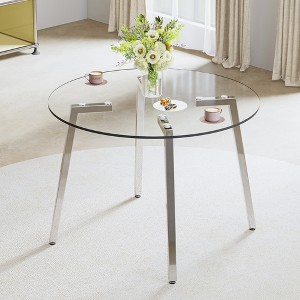 DOMETOUR Modern Minimalist Round Tempered Glass Table with Silver Metal Legs, 42x42x29.5, for Kitchen, Dining, Living Room - 1 of 4