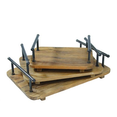 VIP Wood 23.82 in. Brown Stacking Trays with Handles Set of 3