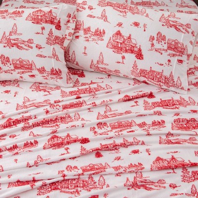 Full Red Snowtown Toile Print Velvet Plush Sheet Set