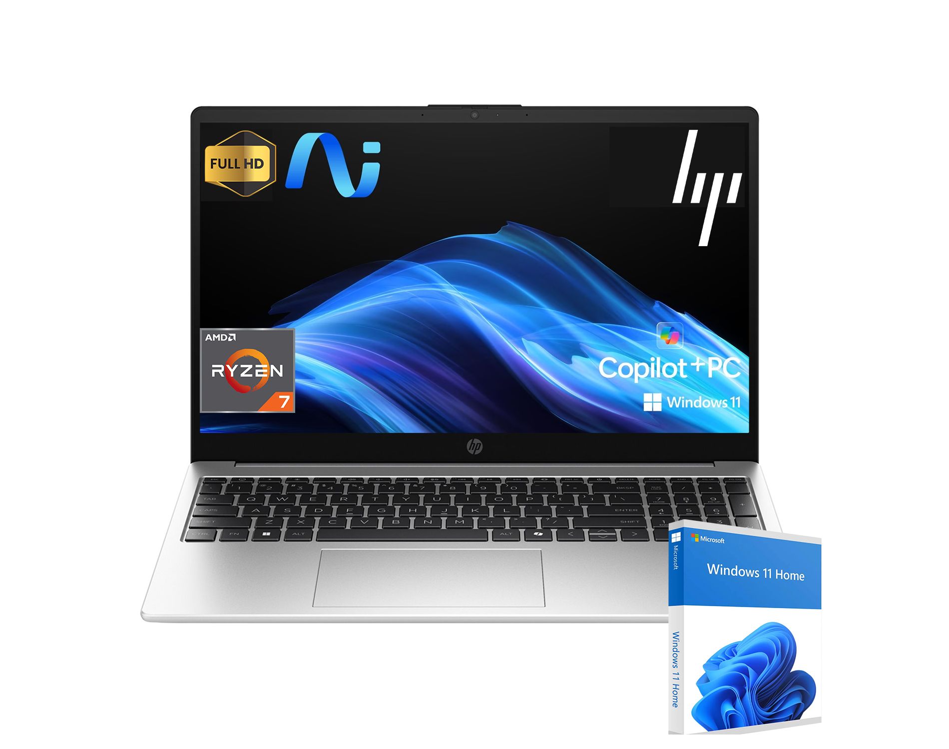 HP Essential 255R G10, 15.6" FHD, AMD Ryzen 7 7730U, 16GB DDR5, 1TB SSD, Wi-Fi 6, Windows 11 Home, Silver