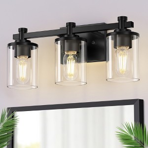 DORESshop 3-Light Vanity Wall Sconce, Black Finish, Transparent Tube Glass Shades, Square Plate with Rods, E26 Bulb Compatible - 1 of 4