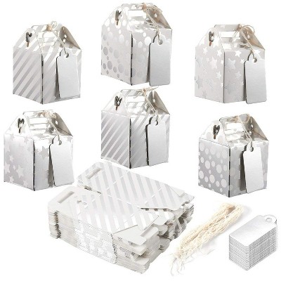 36-Pack Mini Party Treat Boxes, Silver Paper Gable Boxes for Party Favors, Goodie, Birthday, Wedding, 6 Designs, Gift Tags Included, 2 x 2 x 2 inches