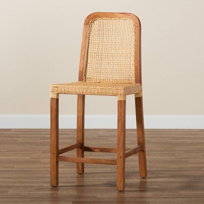 Caspia Mid-Century Walnut Brown Wood & Natural Rattan Counter Stool