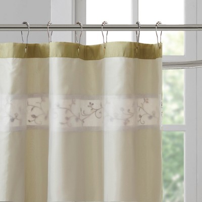 Green and Beige Faux Silk Embroidered Floral Shower Curtain