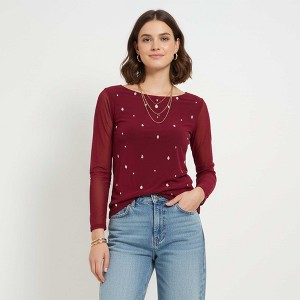 Women's Mesh Long Sleeve Top with Rhinestone Embellishments – Sheer Slim Fit Blouse - 1 of 3