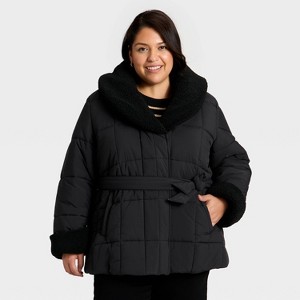 Women's Belted Faux Shearling Puffer Jacket - Ava & Viv™ - 1 of 3