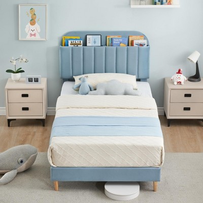Bed Frame with Adjustable Velvet Headboard, Sturdy Metal & Wood Slat Support, Low-Profile Design for Kids