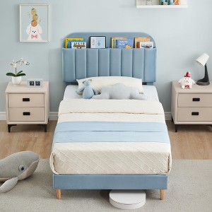 Bed Frame with Adjustable Velvet Headboard, Sturdy Metal & Wood Slat Support, Low-Profile Design for Kids - 1 of 4