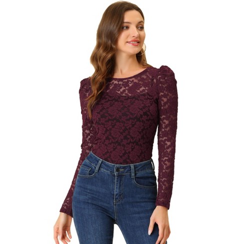 Allegra K Women's Floral Lace Top Turtleneck Puff Long Sleeve See Through  Sheer Blouse X-Small Black at  Women's Clothing store