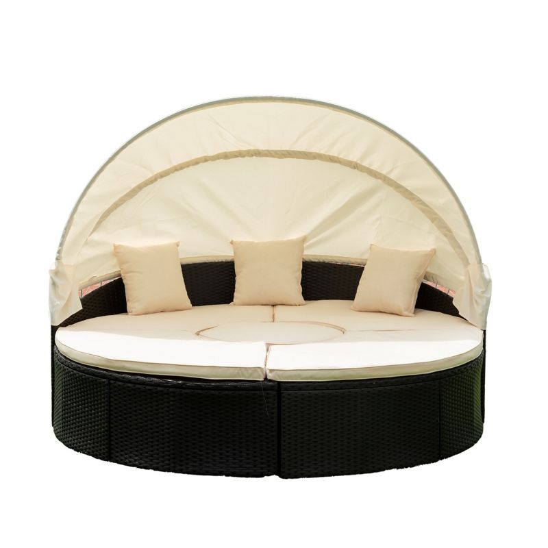 Outdoor Patio Round Daybed with Retractable Canopy, Sectional Seating Furniture Set Black Wicker+Creme Cushion 4M - ModernLuxe, 5 of 15