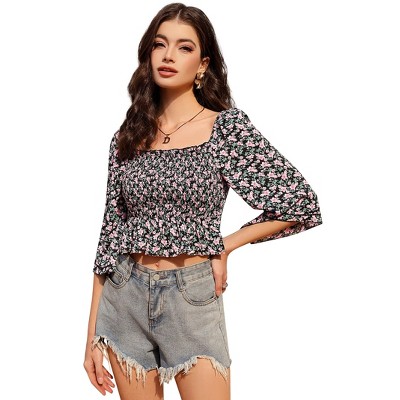 Blouses for Women Puff Long Sleeve Shirts Square Neck Casual Smocked Tunic Tops