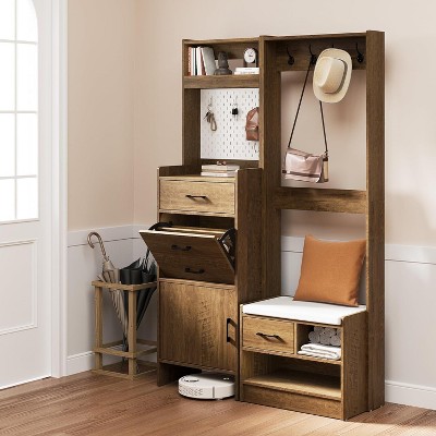 Heynemo 7-in-1 Hall Tree with Hidden Shoe Storage, Entryway Bench with Coat Rack and Pegboard, Coat Rack with Bench Mudroom Storage