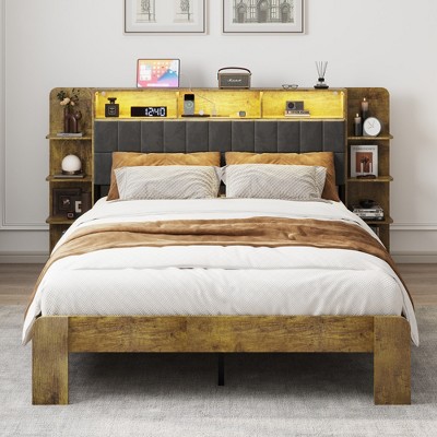 NicBex Queen Upholstered Bed Frame with LED and Charging Station,Velvet Headboard with Bookcase Shelves,No Box Spring Needed,Gray/Brown