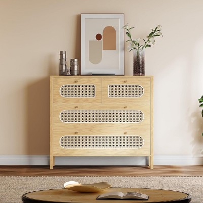 Natural Rattan Buffet Sideboard Cabinet 4 Drawer Dresser Boho Chest of Drawers with Golden Handles Wood Storage Cabinet Oak or Black
