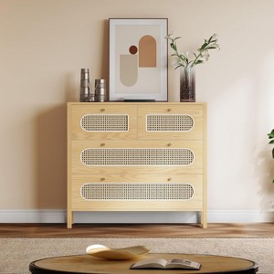 Natural Rattan Buffet Sideboard Cabinet 4 Drawer Dresser Boho Chest of Drawers with Golden Handles Wood Storage Cabinet Oak or Black - 1 of 4