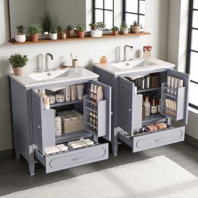 60" Double Sink Bathroom Vanity, Bathroom Cabinet with Ceramic Basins,Adjustable Shelves,Freestanding Vanity