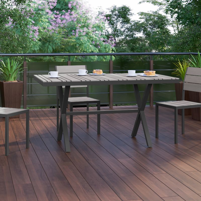 Flash Furniture Finch Commercial Grade X-Frame Outdoor Dining Table 59" x 35.5" with Faux Teak Poly Slats and Metal Frame, 5 of 12