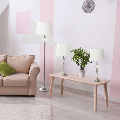 Elegant Silver Crystal Drop Floor & Table Lamp Trio Set with White Shades