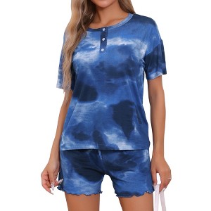 cheibear Women's Tie Dye Pajama Set Short Sleeve Shirt Round Neck 2 Piece Lounge Set Sweatsuit - 1 of 4