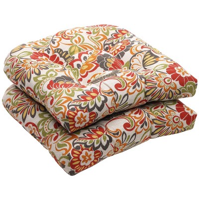 Outdoor 2-Piece Wicker Chair Cushion Set - Green/Off-White/Red Floral - Pillow Perfect