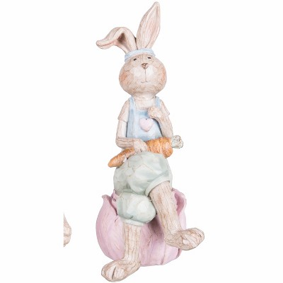 Spring Sitting Bunny Couple Figurines with Carrots in Pastel Colors
