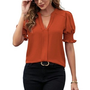 BLUEMING Womens T-Shirts Short Puff Sleeve Casual Blouses V Neck Smocked Cuff Tunic Tops Business Tops - 1 of 4