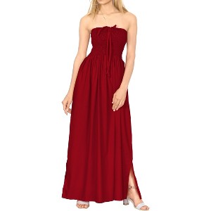 LA LEELA Women's House Daily Routine Evening Wear Solid Smocked Top Maxi Slit Dress Casual Strapless Tube Dresses for Women - 1 of 3