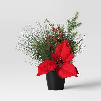14" Potted Poinsettia Flower and Mixed Greenery with Berries Christmas Artificial Plant Arrangement - Wondershop™