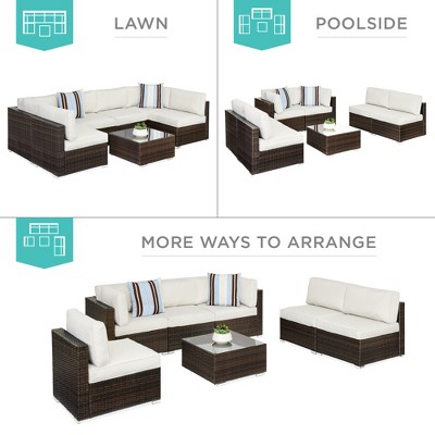 7-Piece Brown Wicker Outdoor Sectional Set with White Cushions