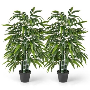 Tangkula 50" Tall Artificial Potted Tree w/3 PE Bamboo Trunk Flush Leaves Realistic Soil - 1 of 4