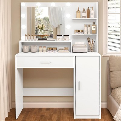 USIKEY Makeup Vanity Desk with Mirror and Lights, 3 Color Modes & Adjustable Brightness, Dressing Table Set for Bedroom