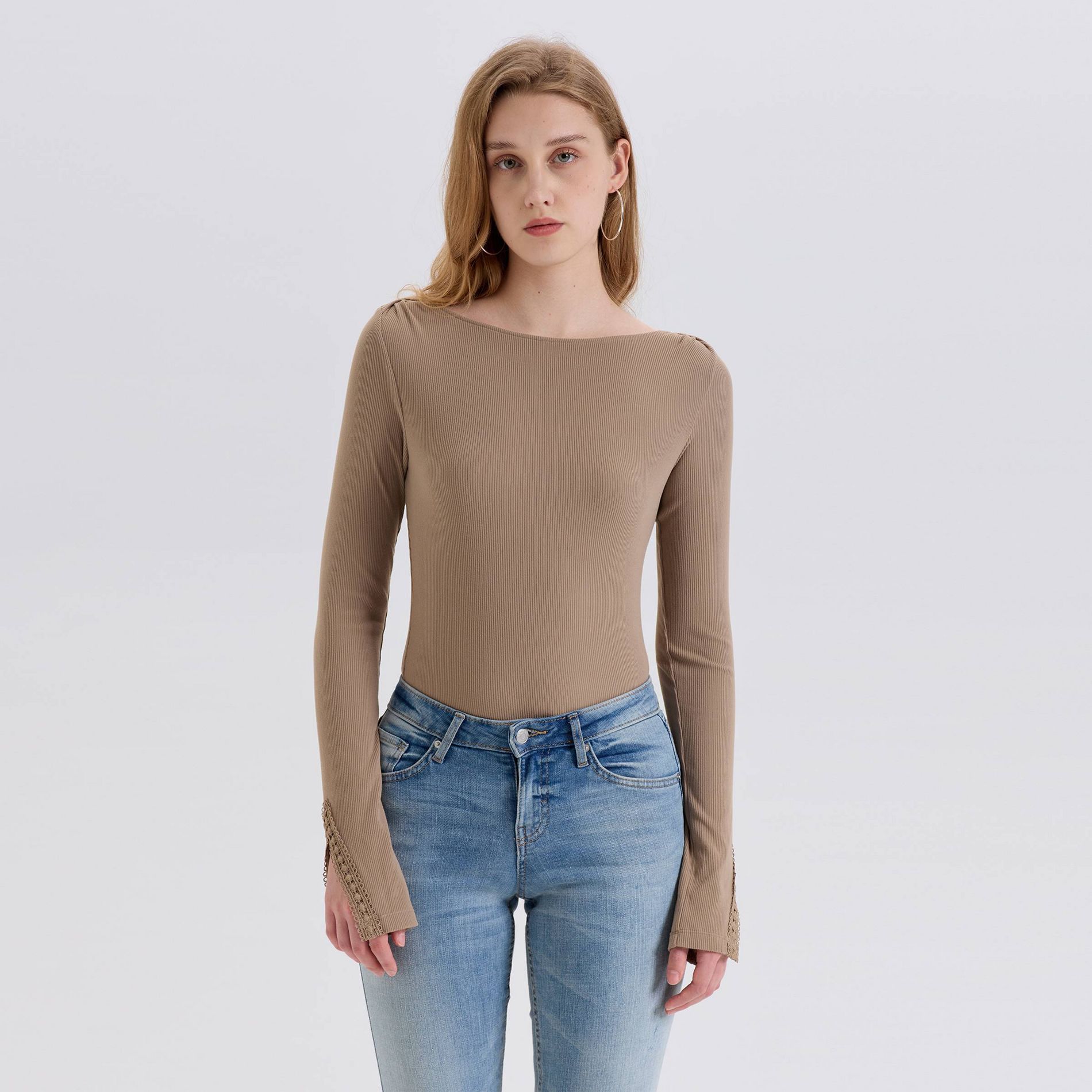 Women's Bell Long Sleeve Boat Neck Lace Rib-Knit Top - Wild Fable™ Taupe XL