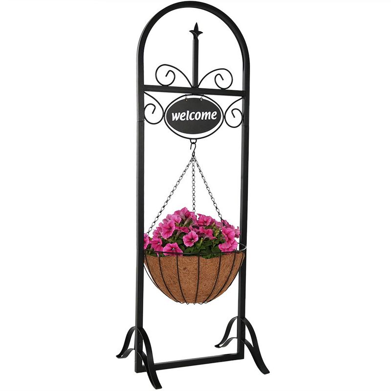 Sunnydaze Indoor/Outdoor Iron Construction Decorative Welcome Sign and Coco Grass Liner Hanging Basket Planter Stand - 48" H - Black, 1 of 10