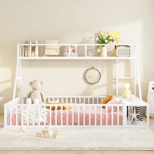 Floor Bed Frame, Metal Platform Bed with Safety Guardrails & Desk and Storage Shelves, Playhouse Bed Frame for Bedroom Playroom - 1 of 4