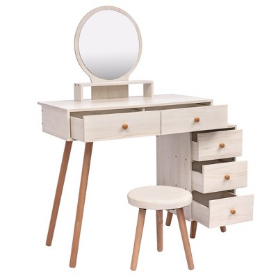 Makeup Vanity Table with Cushioned Stool&Makeup Mirror, 5 Drawers Large Capacity Storage Cabinet,Fasionable Makeup Vanity Desk White