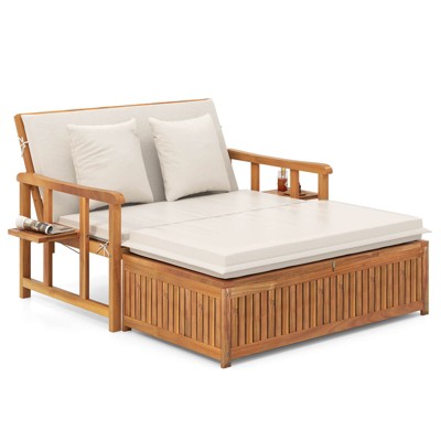 Costway Outdoor Wooden Daybed with 4-Level Backrest & Removable Cushions for Poolside