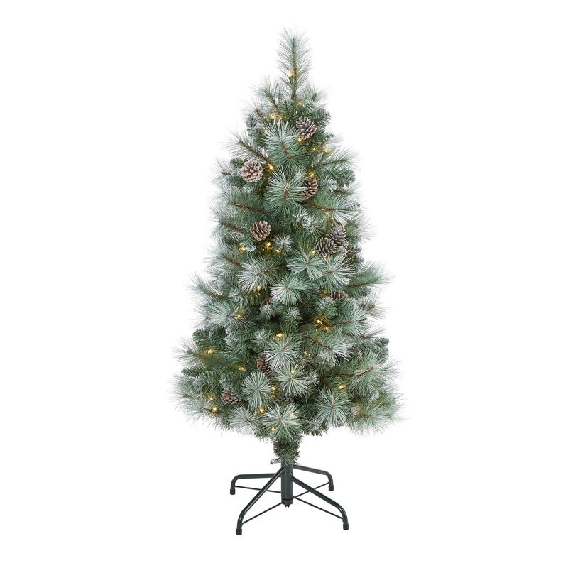 Nearly Natural 4’ Frosted Tip British Columbia Mountain Pine Prelit LED Artificial Christmas Tree with Pine Cones, 1 of 2