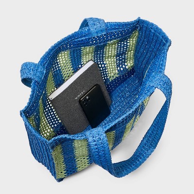 Universal Thread Crochet Tote Handbag - Universal Thread™ Blue/Green Striped Straw: Paper Shell, Double Handle, Unstructured — фото 3